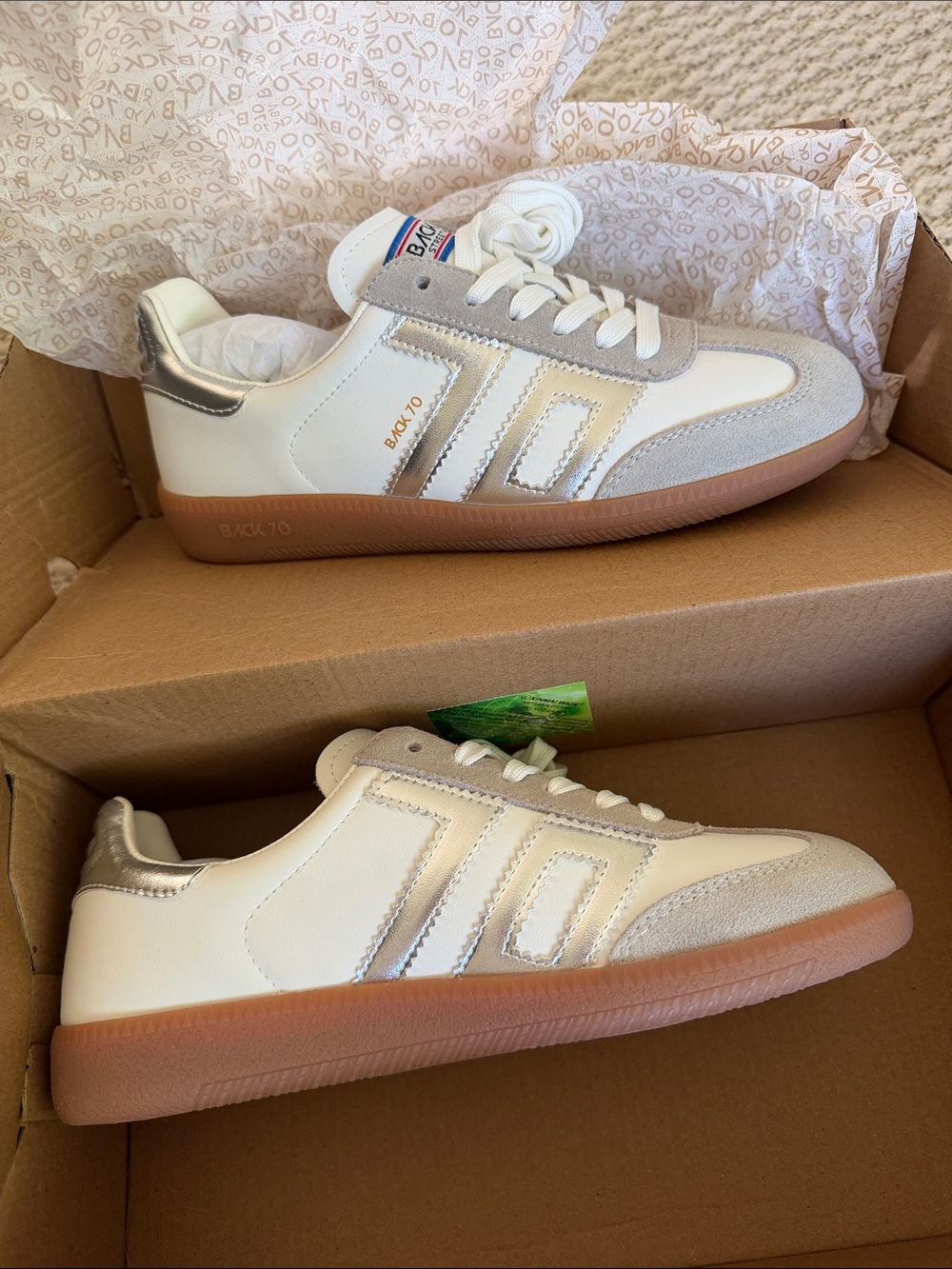 Back 70 Women’s White and Silver Low-Top Sneakers with Gum Sole
